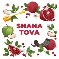 Rosh hashanah groet kaart. plein samenstelling granaatappel fruit met bladeren, groen appel, honing bij toeter Aan een wit achtergrond. vector