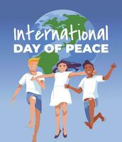 poster voor vrede dag drie kinderen in wit kleren jumping Aan de achtergrond van een groot wereldbol. vector vlak illustratie