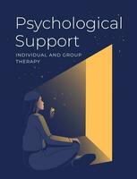 een vrouw zit in de donker tegenover de deur licht. psychologie en behandeling folder of poster ontwerp. vector illustratie
