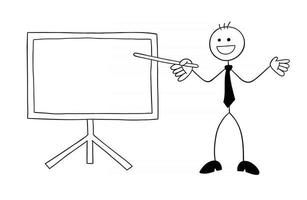 stickman zakenman karakter gelukkig en voor het whiteboard en wijzend met een stok vector cartoon afbeelding