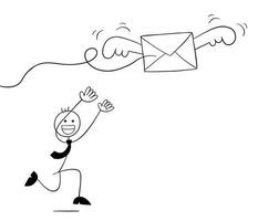 stickman zakenman karakter probeert de vliegende envelop vector cartoon illustratie te vangen catch