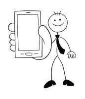 stickman zakenman karakter tonen de smartphone scherm vector cartoon afbeelding