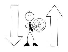 stickman zakenman karakter met bitcoin munt en met pijlen naar beneden en omhoog vector cartoon afbeelding