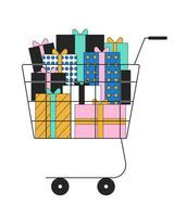 boodschappen doen trolley met geschenkdozen 2d lineair tekenfilm voorwerp. zwart vrijdag, cyber maandag verkoop presenteert geïsoleerd lijn vector element wit achtergrond. Kerstmis cadeaus buying kleur vlak plek illustratie