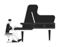 pianist spelen groots piano zwart en wit tekenfilm vlak illustratie. Aziatisch volwassen Mens vervelend concert kleding 2d lijn kunst karakter geïsoleerd. mannetje performer monochroom tafereel vector schets beeld