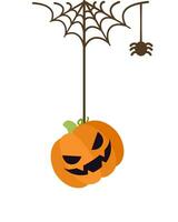 jack O lantaarn onheil pompoen hangende Aan een spin web, gelukkig halloween spookachtig ornamenten decoratie vector illustratie