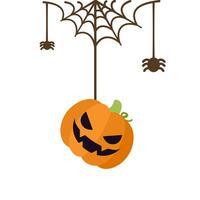 jack O lantaarn onheil pompoen hangende Aan een spin web, gelukkig halloween spookachtig ornamenten decoratie vector illustratie