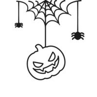 jack O lantaarn onheil pompoen hangende Aan een spin web lijn kunst tekening, gelukkig halloween spookachtig ornamenten decoratie vector illustratie