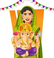 vector van marathi vrouw Holding heer ganapati standbeeld en vieren gelukkig ganesh chaturthi festival