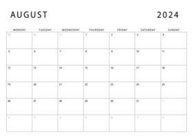 augustus 2024 kalender. maandag begin. maandelijks ontwerper sjabloon. vector ontwerp