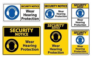 veiligheidsmededeling draag gehoorbescherming teken op witte achtergrond vector