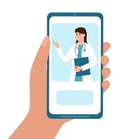 hand met mobiele telefoon met online doktersservice. therapeut geeft consultatie aan patiënt vanaf smartphonescherm. telegeneeskunde, telegezondheidsconcept vector