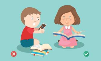 verkeerde en juiste manier voor kinderen stoppen met het gebruik van smartphone-illustratie vector