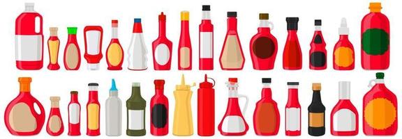illustratie op grote kit gevarieerde glazen flessen gevuld met vloeibare cranberrysaus vector
