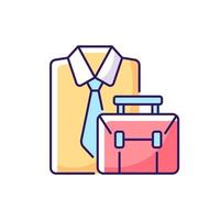 formele kleding en aktetas rgb-kleurpictogram. professionele werknemer outfit en tas. witte kraag werknemerskleding. geïsoleerde vectorillustratie. dagelijkse werkroutine eenvoudige gevulde lijntekening vector