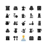 koffie en barista accessoires zwarte glyph pictogrammen instellen op witruimte. druppelmachine. Franse media. espressobereiding. café apparaat. silhouet symbolen. vector geïsoleerde illustratie