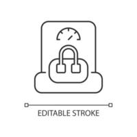 handbagage gewicht lineaire pictogram. handtas met een gewicht op de luchthaven. bagagecontrole voor passagier. dunne lijn aanpasbare illustratie. contour symbool. vector geïsoleerde overzichtstekening. bewerkbare streek