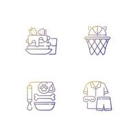 dagelijkse student routine gradiënt lineaire vector iconen set. ontbijt pannenkoeken. basketbal club. rugzak voor school. dunne lijn contour symbolen bundel. geïsoleerde vector overzicht illustraties collectie