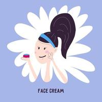 jonge vrouw gezichtscrème toe te passen uit een pot, pictogram geïsoleerd op de achtergrond. vectorillustratie in cartoon hand tekenen stijl. Koreaanse speciale gezichtsverzorging. vector
