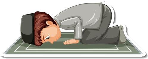 een stickersjabloon met een moslimjongen die zit te bidden vector