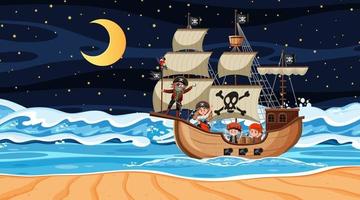 oceaan met piratenschip bij nachtscène in cartoonstijl vector