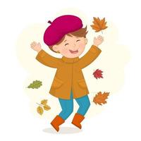 meisje springt en gooit herfstbladeren omhoog en heeft herfststemming vector