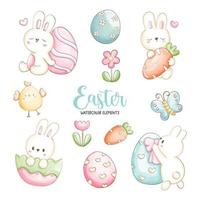 aquarel gelukkige paasdag met schattig konijntje en paaseieren. vector illustratie