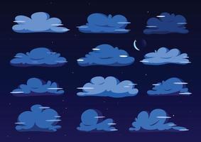 nacht platte wolk illustratie collectie. schattige cartoon wolk set. vector