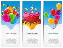 kleur glanzende gelukkige verjaardagsballons en cakebanner achtergrond vectorillustratie vector