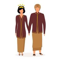 Indonesiërs platte vectorillustratie. paar hand in hand. inheemse bevolking. Aziatische cultuur. volwassen gezin. mensen gekleed in nationale kleding geïsoleerde stripfiguur op witte achtergrond vector