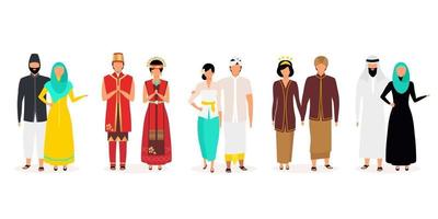 Indonesiërs platte vector illustraties set. inheemse bevolking. Aziatische cultuur. volwassen gezinnen. mensen gekleed in nationale kleding geïsoleerde stripfiguren op een witte achtergrond