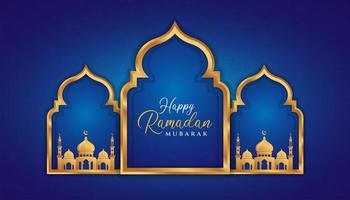 ramadan kareem concept achtergrond met gouden 3d frame, arabische deur op blauwe achtergrond met prachtig arabesk patroon. kan worden gebruikt voor wenskaarten, achtergronden of banners. vector