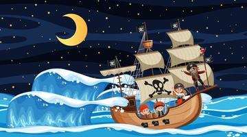 oceaan met piratenschip bij nachtscène in cartoonstijl vector