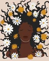 mooie zwarte vrouw met kamille bloemen in haar losse haren. boho kunst aan de muur halverwege de eeuw. donker gevild brunette meisje. hand getekende afdrukbare poster briefkaart. voorraad vector minimale illustratie.