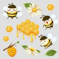 bundel van geïsoleerde schattige bijen en honingraat in verzameling stripfiguren vector