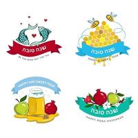 Rosj Hasjana Joodse vakantie wenskaarten met traditionele groeten en symbolen, appel, granaatappel, honing, vis. gelukkig nieuwjaar in het hebreeuws. vectorillustratie. vector