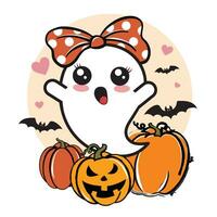 schattig geest meisje halloween vector illustratie met pompoen, harten, en vleermuizen. meisjes halloween ontwerp geïsoleerd.