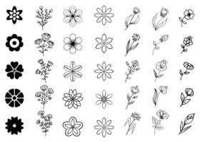 verschillende stijl vector bloemen set. zwarte omtrek gestileerde bloemen geïsoleerd op een witte achtergrond. verzameling decoratieve bloemenontwerpelementen