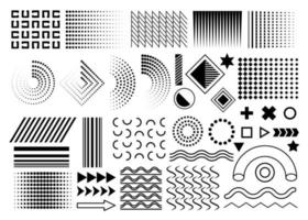 zwarte set van memphis ontwerpelementen, vector memphis geometrische eenvoudige geïsoleerde grafische elementen collectie voor uw ontwerpprojecten. geïsoleerde cirkels, golven, stippen, verlopen op een witte achtergrond.