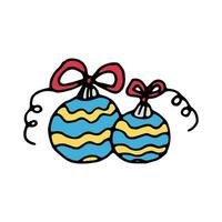 Kerstmis boom decoraties glas ballen geel en blauw met een Golf patroon en een rood boog. vector tekening tekenfilm illustratie voor kaarten, web ontwerp, flyers, uitnodigingen