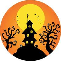 heks of achtervolgd huis silhouet Aan de heuvel in een ronde vormig achtergrond. huis, vol maan, vleermuizen en pompoenen schets. gelukkig halloween. vector illustratie