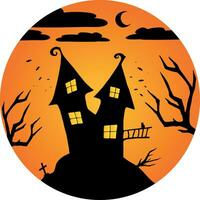 heks of achtervolgd huis silhouet Aan de heuvel in een ronde vormig achtergrond. huis, halve maan, vleermuizen en zwart kat schets. gelukkig halloween. vector illustratie
