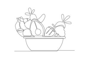 doorlopend een lijn tekening gezond voedsel concept. groenten, fruit en melk. tekening vector illustratie.
