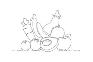 doorlopend een lijn tekening gezond voedsel concept. groenten, fruit en melk. tekening vector illustratie.