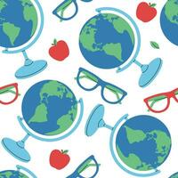 naadloos patroon met wereldbol, bril en appel Aan wit achtergrond. school, docent, onderwijs concept. vector vlak illustratie
