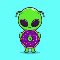 schattig buitenaards wezen aan het eten donut tekenfilm vector icoon illustratie. wetenschap voedsel icoon concept geïsoleerd premie vector. vlak tekenfilm stijl