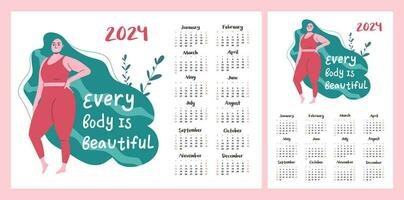 kalender lay-out voor 2024. een mooi mollig meisje voor een lichaam positief. horizontaal en verticaal het drukken sjabloon vector