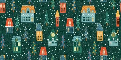 kerstmis en gelukkig nieuwjaar naadloos patroon. stad, huizen, kerstbomen, sneeuw. nieuwe jaar symbolen. vector