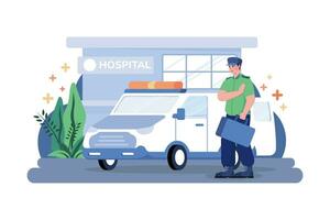 ambulance geparkeerd voor ziekenhuisgebouw vector