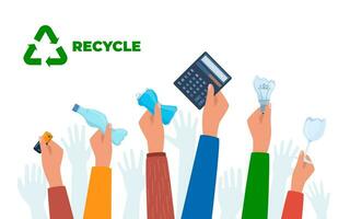 verheven handen met divers afval. vuilnis sorteren. nul afval, milieu bescherming concept. vector illustratie.